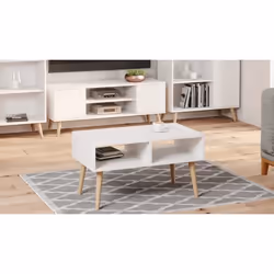 Dmora Table basse de salon Table Magazine avec 2 étagères et pieds Style Scandi 55x90h55 cm Couleur Blanc