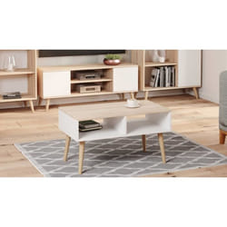 Dmora Table basse de salon Table Magazine avec 2 étagères et pieds style Scandi 55x90h55 cm coloris Blanc et Chêne