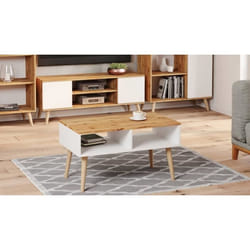 Dmora Table basse de salon Table porte-revues avec 2 étagères et pieds style Scandi 55x90h55 cm coloris Blanc et Érable