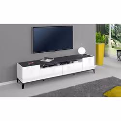 Dmora Meuble TV de salon Made in Italy Meuble TV avec 2 portes et 2 tiroirs Cm 200x40h47 Blanc brillant et Ardoise