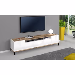 Dmora Meuble TV de salon Made in Italy meuble TV avec 2 portes et 2 tiroirs cm 200x40h47 blanc brillant et érable