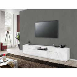 Meuble tv de salon, Made in Italy, meuble tv avec 4 portes géométriques et 1 tiroir, Cm 220x43h46, Blanc brillant, avec emballage renforcé - Dmora