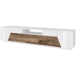 Meuble tv de salon, Made in Italy, meuble tv avec 4 portes géométriques et 1 tiroir, cm 220x43h46, blanc brillant et érable, avec emballage renforcé