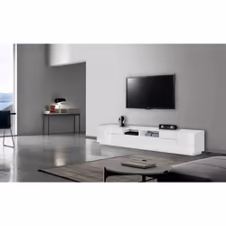 Dmora Meuble TV de salon Made in Italy meuble TV avec 4 portes géométriques et 2 tiroirs Cm 260x43h46 Blanc brillant