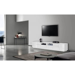 Dmora Meuble TV de salon Made in Italy meuble TV avec 4 portes géométriques et 2 tiroirs Cm 260x43h46 Blanc brillant