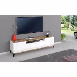 Dmora Meuble TV de salon Made in Italy meuble TV avec 2 portes et 1 tiroir cm 160x40h47 blanc brillant et érable