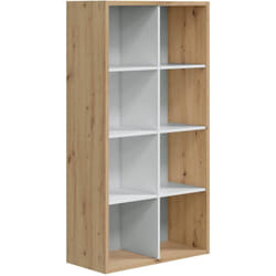 Librairie Sacramento, Bibliothèque réversible à 8 compartiments, Meuble tv multiposition, cm 72x33h137, Noeud effet chêne et Blanc, avec emballage