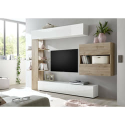 Dmora - Ensemble mural de salon réversible, Made in Italy, Meuble tv, Ensemble de salon moderne, 295x30h197 cm, Blanc brillant et couleur Chêne, avec