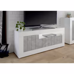 MEUBLE TV DE SALON : Meuble TV de salon avec trois portes et compartiment ouvert, structure blanc brillant et façades en béto ...