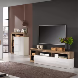 MEUBLE DE SALON PORTE TV: Meuble TV meuble de salon structuré avec une porte et quatre compartiments ouverts, structure en bl ...