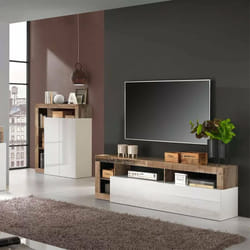 Meuble tv de salon, Made in Italy, Buffet pour tv de salon avec 1 porte et compartiments ouverts, cm 184x42h58, couleur blanc brillant et poire, avec