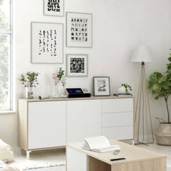 Buffet haut Concord, Buffet moderne avec 2 portes et 3 tiroirs, Buffet du salon, Meuble tv, Buffet pour le salon, cm 154x41h74, Chêne et Blanc - Dmora