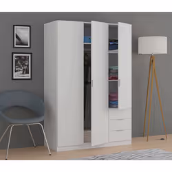 Description générale Armoire de chambre à 3 portes et 3 tiroirs, avec 3 étagères et une barre de cintre, dimensions : 121x52x ...