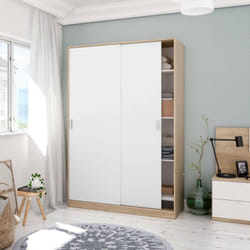 Dmora - Vestiaire Waterbury, Armoire de chambre à 2 portes coulissantes, Armoire avec 3 étagères et barre de cintre, cm 120x50h200, Chêne et Blanc