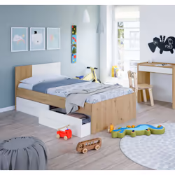LIT SIMPLE ANAHEIM - Lit conteneur simple avec tête de lit, Cadre de lit avec 2 tiroirs pour chambre, cm 196x97h77, Chêne nou ...