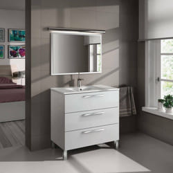 Dmora Meuble de comptoir Palmdale, Armoire de toilette, Armoire avec 3 tiroirs et miroir, évier non inclus, cm 80x45h86, Blanc brillant