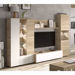 PAROI AMÉNAGÉE RALEIGH - Meuble TV modulable pour le salon, Composition pour salon avec éléments hauts et vitrines avec lumiè ...