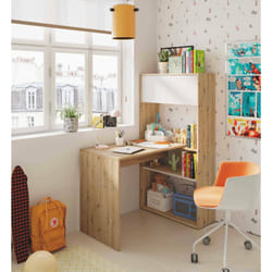 Dmora - Bureau Riverside, Bureau d'angle réversible avec bibliothèque, Table d'étude ou de bureau multiposition, cm 108x70h140, Nœuds blancs et chêne