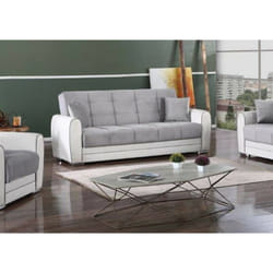 Canapé Luis, Canapé conteneur 3 places en éco-cuir et tissu, Canapé de salon en tissu rembourré avec ouverture clic-clac, Cm 220x84h91, Blanc et Gris