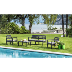 Set salon d'extérieur Dgyas, Salon de jardin avec 2 fauteuils, 1 canapé et 1 table basse, Salon intérieur et extérieur avec coussins, 100% Made in