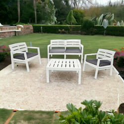 Set salon d'extérieur Dgyas, Salon de jardin avec 2 fauteuils, 1 canapé et 1 table basse, Salon intérieur et extérieur avec coussins, 100% Made in