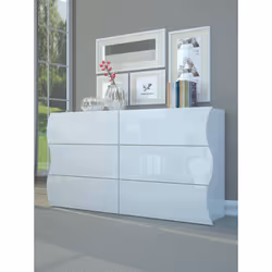 CORRUGATED COM: Commode moderne au design ondulé pour chambre à coucher avec six grands tiroirs, structurée avec des lignes m ...