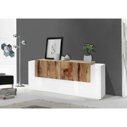 Buffet moderne avec 7 portes, Made in Italy, Buffet de cuisine, Buffet design de salon, cm 200x45h86, Couleur blanc brillant et érable - Dmora