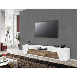 Meuble tv de salon, Made in Italy, meuble tv avec 4 portes géométriques et 1 tiroir, cm 220x43h46, blanc brillant et érable - Dmora