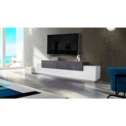 Meuble tv de salon, Made in Italy, Meuble tv avec 3 portes et étagères, 240x45h52 cm, couleur Blanc Brillant et Gris Frêne - Dmora