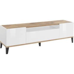 Dmora - Meuble tv Dfigol, Buffet bas de salon avec 2 portes, base meuble tv, 100% Made in Italy, 160x40h47 cm, Blanc brillant et Érable