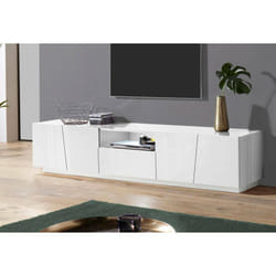 Meuble tv de salon, Made in Italy, Meuble tv avec 4 portes et 1 tiroir, 220x43h46 cm, couleur blanc brillant, avec lumière led blanche - Dmora