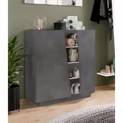 MODERN SHOE RACK: Meuble à chaussures moderne avec deux portes battantes, la structure est gris ardoise et a des lignes géomé ...