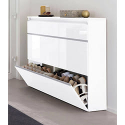 Tagère à chaussures moderne, Made in Italy, avec 2 portes et 1 porte abattante, Étagère à chaussures d'entrée, 120x27h108 cm, couleur blanc brillant