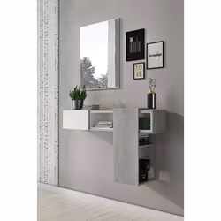 MOBILIER D'ENTREE - Meuble d'entrée suspendu structuré d'un tiroir blanc et de deux casiers de rangement, l'un horizontal et  ...