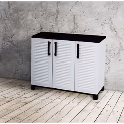 ARMOIRE POLYVALENTE - Armoire polyvalente à trois portes et une étagère réglable réglable avec structure surélevée sur pieds, ...