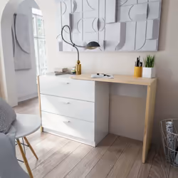 Description générale Le bureau Dmonac est un meuble polyvalent avec une commode intégrée et un plateau escamotable, parfait p ...