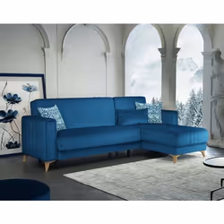 Dmora - Canapé-lit avec péninsule Aronix 225x151xh84 cm Bleu Panneau effet bois et Tissu