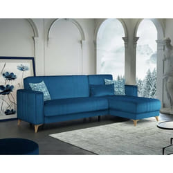 Dmora - Canapé-lit avec péninsule Aronix 225x151xh84 cm Bleu Panneau effet bois et Tissu