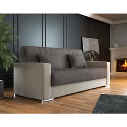 Canapé Sergio, Canapé conteneur 3 places en éco-cuir et tissu, Canapé de salon avec ouverture clic-clac et 2 coussins inclus, Cm 230x96h101, Beige et