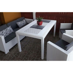 Table d'extérieur Giove, Table de jardin rectangulaire, Table de jardin polyvalente effet rotin, 100% Made in Italy, Cm 150x90h74, Blanc - Dmora