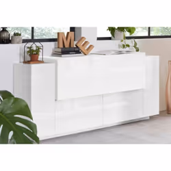PLACARD DLENZ - Buffet de cuisine avec 2 portes et 2 tiroirs, Buffet de salon, 100% Made in Italy, cm 160x45h86, Blanc brilla ...
