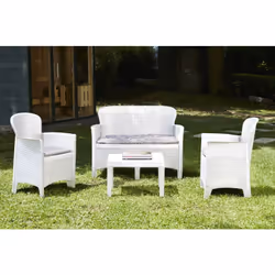 SET SALON D'EXTÉRIEUR DLINETT - Ensemble de jardin avec 2 fauteuils, 1 canapé et 1 table basse, Salon effet rotin avec coussi ...
