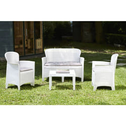 Set salon d'extérieur Dlinett, Salon de jardin composé de 2 fauteuils, 1 canapé et 1 table basse, Coin salon effet rotin avec coussins, 100% Made in