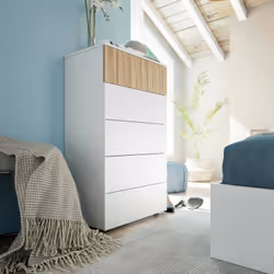 MEUBLE À TIROIRS WYNNE - Commode avec 5 tiroirs, Commode pour chambre, Commode moderne, 61x40h109 cm, Blanc et Chêne. STRUCTU ...