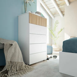 Meuble à tiroirs Wynne, Commode avec 5 tiroirs, Commode pour chambre, Commode moderne, 61x40h109 cm, Blanc et Chêne, avec emballage renforcé - Dmora