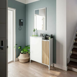 Dmora - Meuble d'entrée Williamsport, Couloir à 2 portes, Armoire avec miroir, Rangement multifonctionnel, 77x24h91 cm, Blanc et Chêne, avec