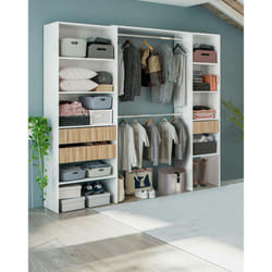 Armoire Worland, Meubles de chambre à coucher, Cintre avec étagères et tiroirs 3, 196x40h187 cm, Blanc et Chêne - Dmora
