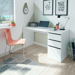 Dmora - Bureau Reedsport, Bureau réversible à 3 tiroirs, Table de bureau gain de place multiposition, 138x60h74 cm, Blanc