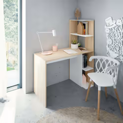 BUREAU PEEKSKILL- Bureau linéaire avec bibliothèque, Table de bureau polyvalente peu encombrante, 110x52h136 cm, Blanc et Chê ...