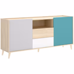 BUFFET RAINIER - Buffet de salon, Buffet de salon moderne avec 2 portes, 155x43h75 cm, Blanc et Chêne. STRUCTURE ET UTILISATI ...